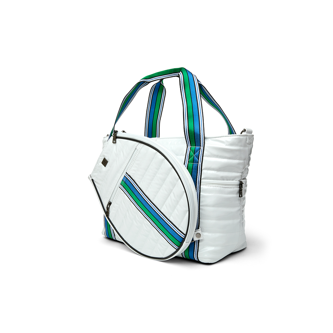 Black patent Love Royln tennis bag by Think Royln with sleek design and multiple compartments for sporty storage.