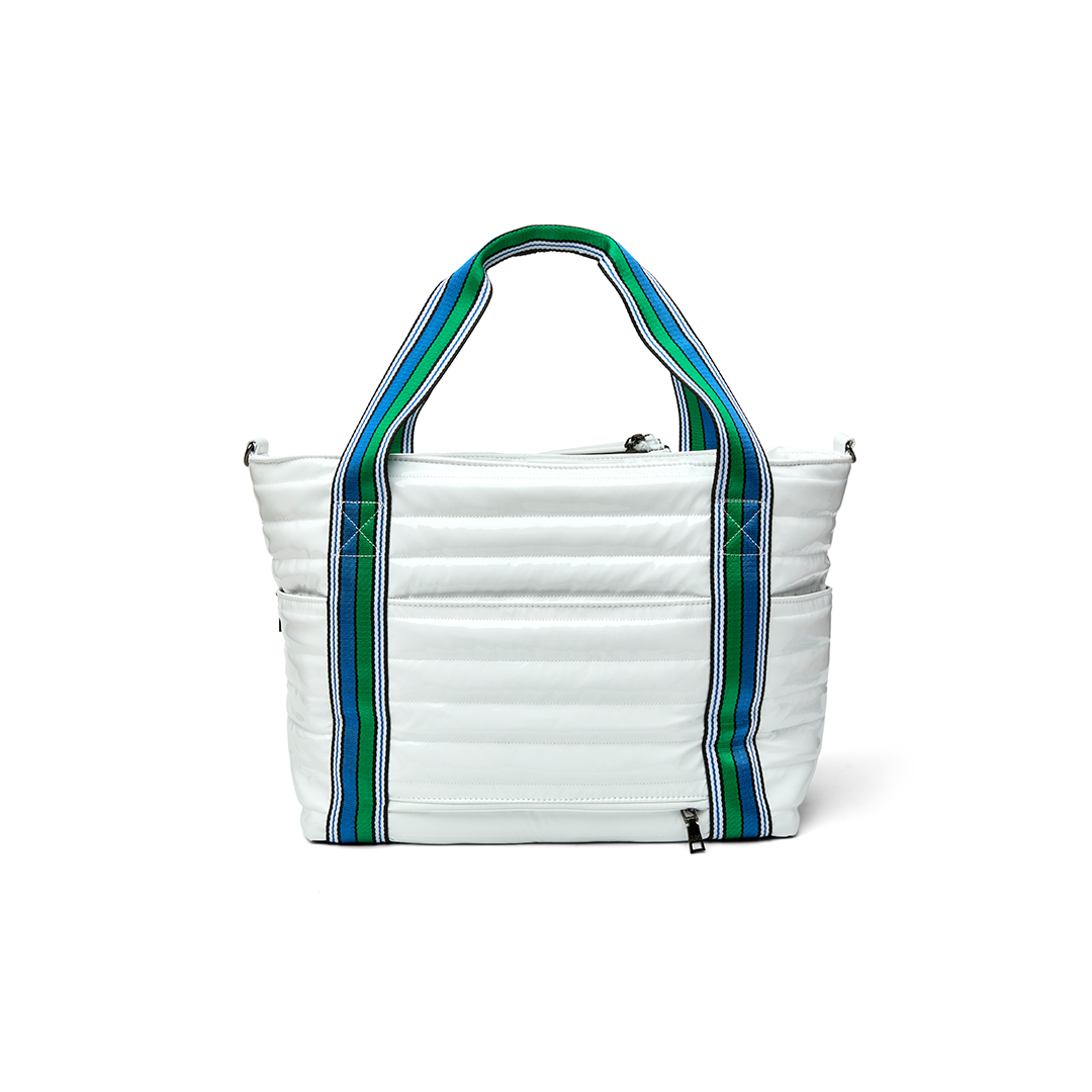 Black patent Love Royln tennis bag by Think Royln, featuring sleek design and spacious compartments for tennis gear.
