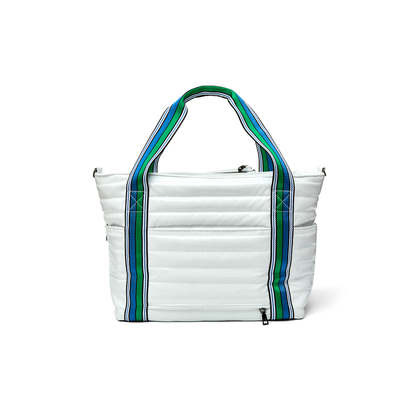 Black patent Love Royln tennis bag by Think Royln, featuring sleek design and spacious compartments for tennis gear.