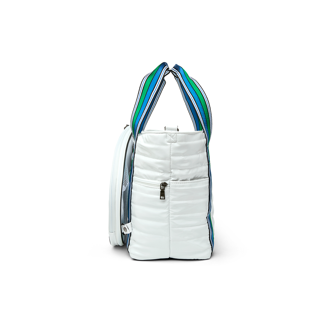 Black patent Love Royln tennis bag by Think Royln with sleek design and zippered compartments, ideal for carrying tennis essentials.