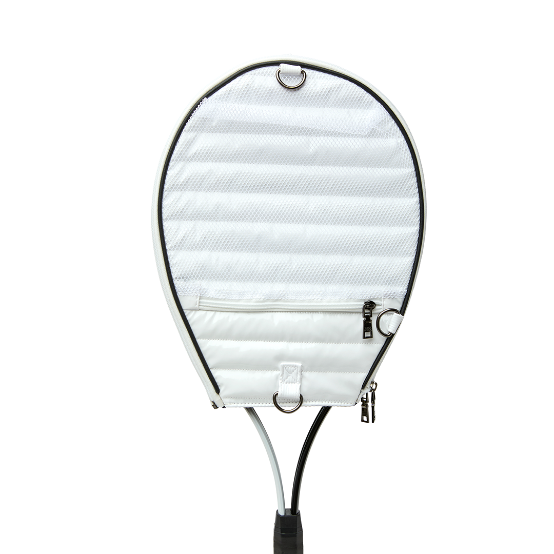 Black patent Love Royln tennis bag by Think Royln featuring a sleek design and spacious storage for sports and accessories.