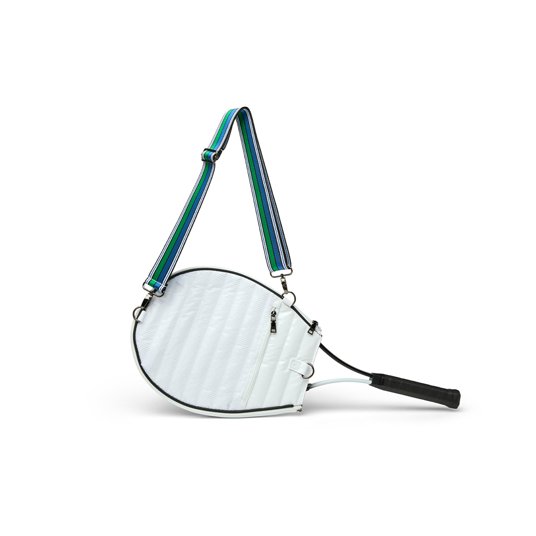 Black patent Love Royln tennis bag by Think Royln featuring sleek design and spacious compartments.