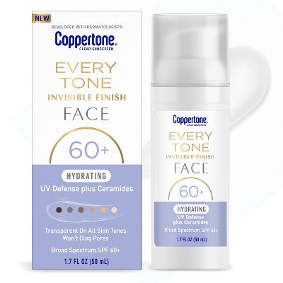 Coppertone Hydrating Every Tone Face SPF 60+ moisturizer in 1.7 fl oz bottle with imperfect box, designed for all skin tones.