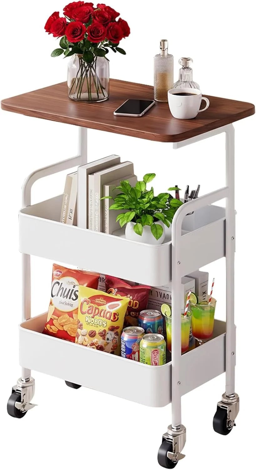 Three - Tier Metal Rolling Multi - Purpose Storage Cart with Walnut Wood Tabletop, Stable and Durable, with Two Lockable Wheels, Suitable for Kitchen, Bathroom, Snacks, Coffee, Crafts, Cosmetics and Baby Products - BACKUPMYFILESNOW