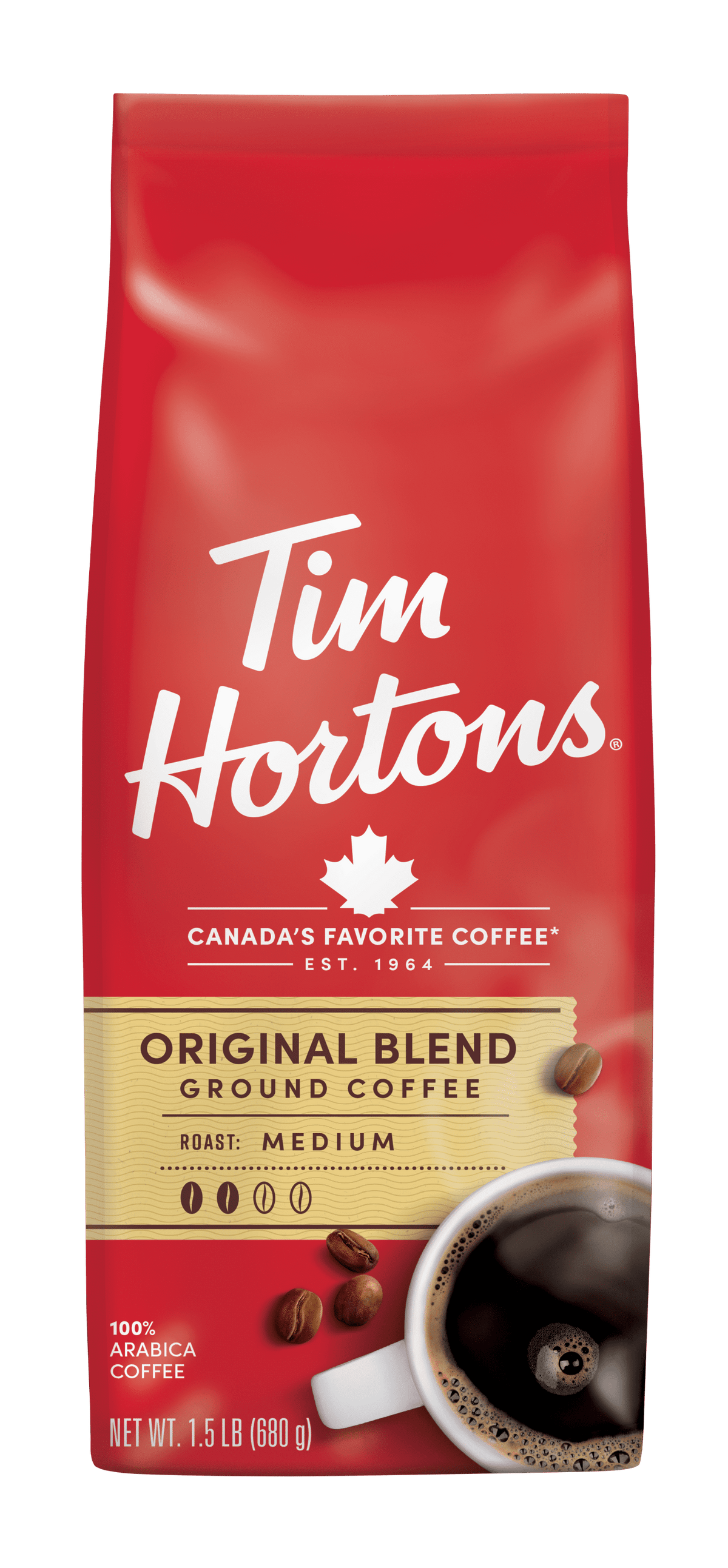 Tim Hortons 100% Arabica Original Blend medium roast ground coffee in a 24 oz bag, showcasing the packaging and brand logo.