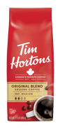 Tim Hortons 100% Arabica Original Blend medium roast ground coffee in a 24 oz bag, showcasing the packaging and brand logo.