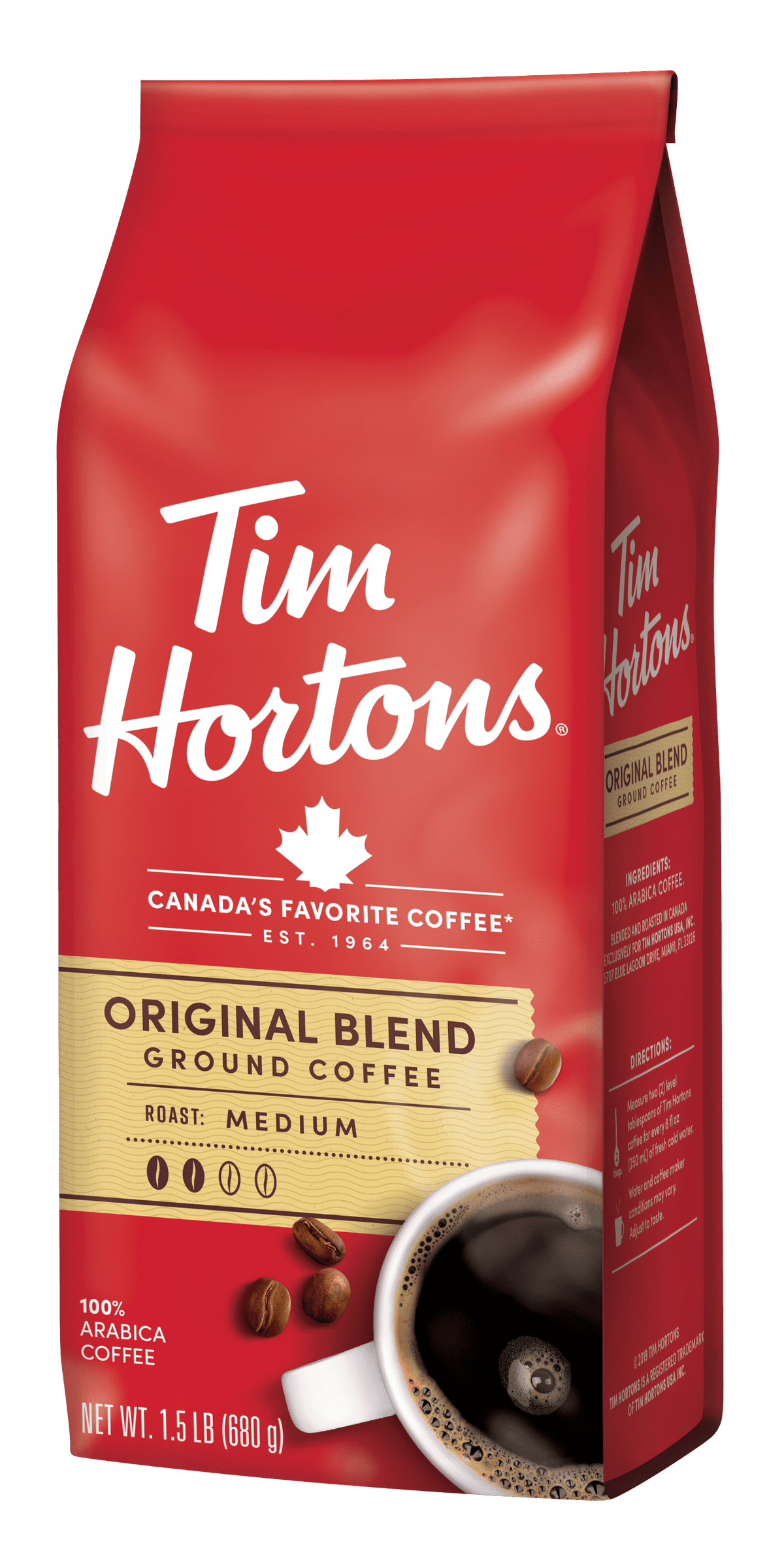 Tim Hortons 100% Arabica Original Blend medium roast ground coffee in a 24 oz bag, showcasing the coffee bag with branding.