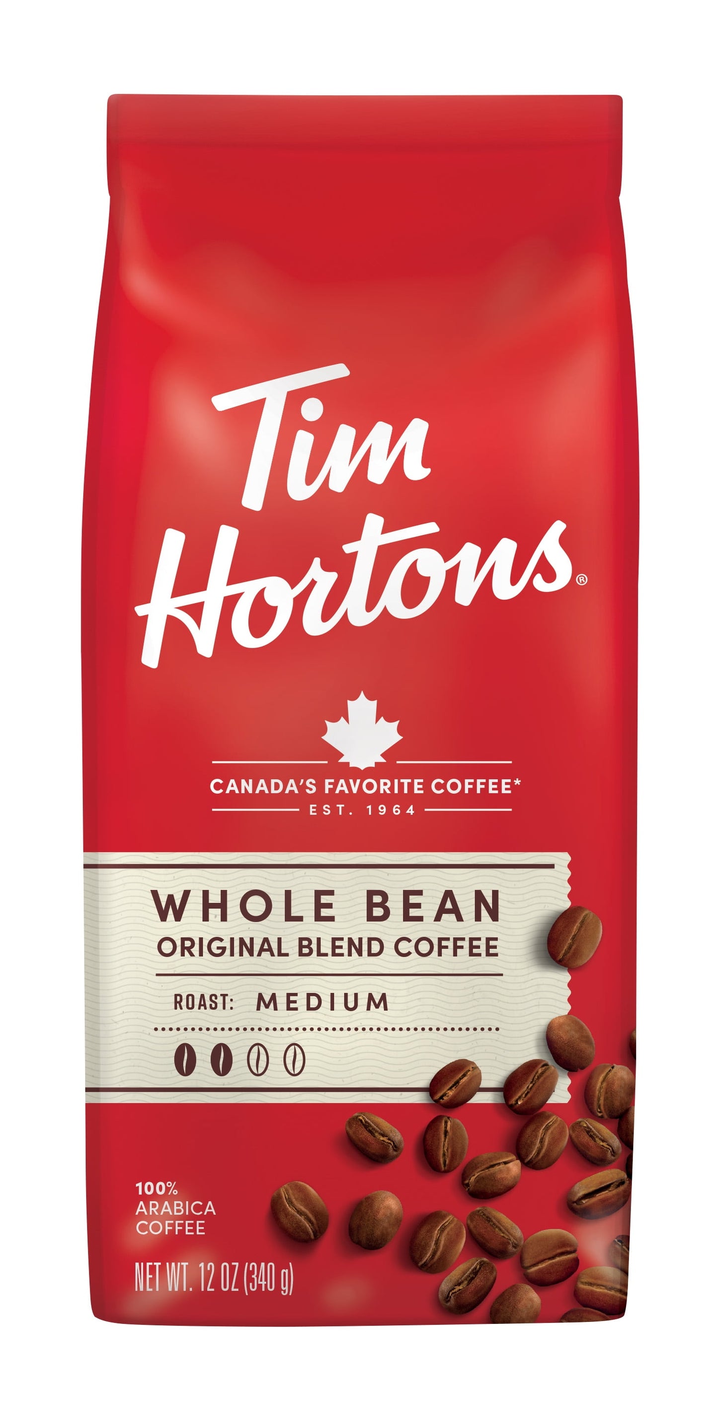 Tim Hortons Whole Bean Original Blend Ground Coffee, 100% Arabica medium roast, 12 oz bag with coffee beans and packaging.