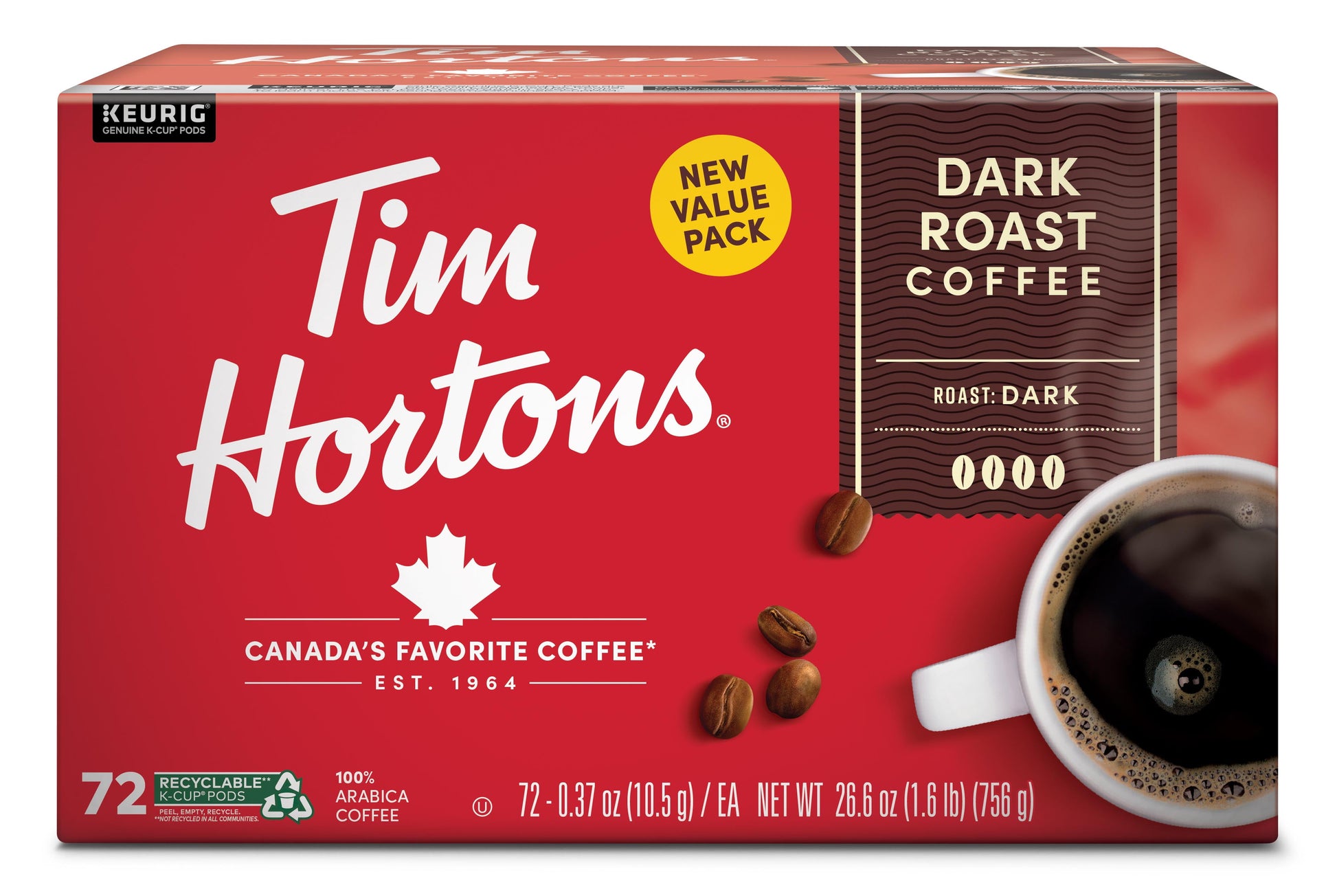 Tim Hortons Dark Roast Keurig coffee pods, 24-count pack with dark roasted coffee in individual K-Cup pods for brewing.