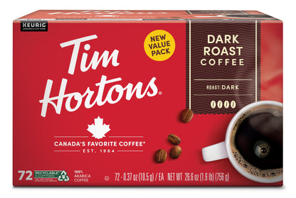 Tim Hortons Dark Roast Keurig coffee pods, 24-count pack with dark roasted coffee in individual K-Cup pods for brewing.