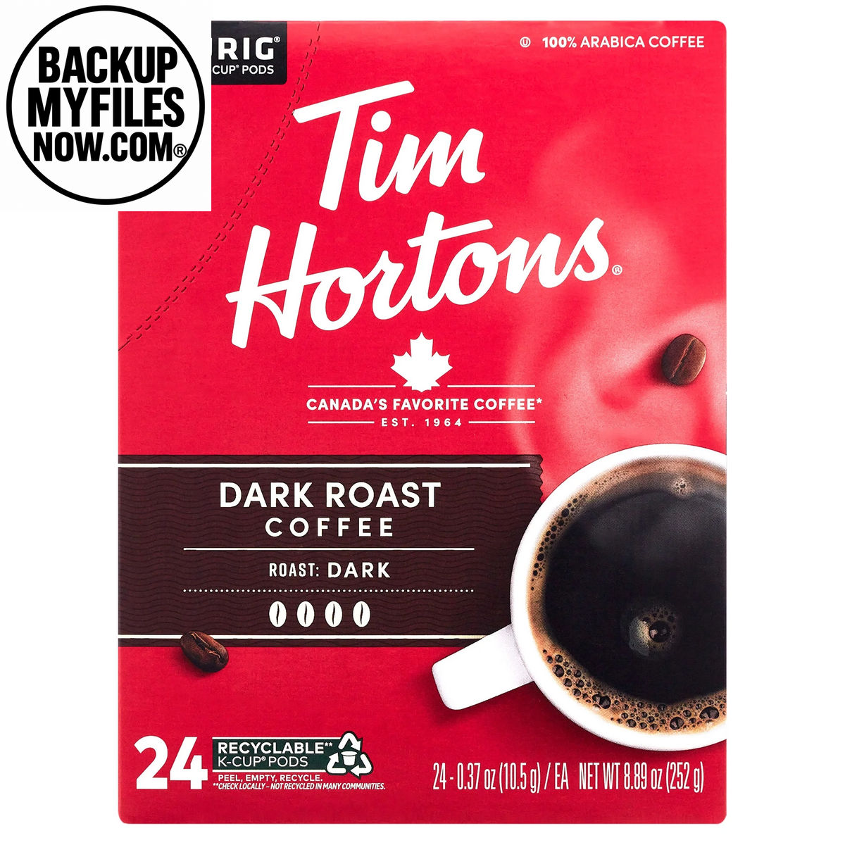 Tim Hortons Dark Roast Keurig coffee pods, 24-count, close-up of dark roasted coffee pods in packaging