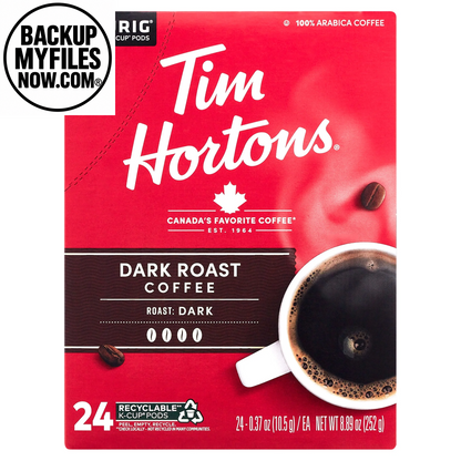 Tim Hortons Dark Roast Keurig coffee pods, 24-count, close-up of dark roasted coffee pods in packaging