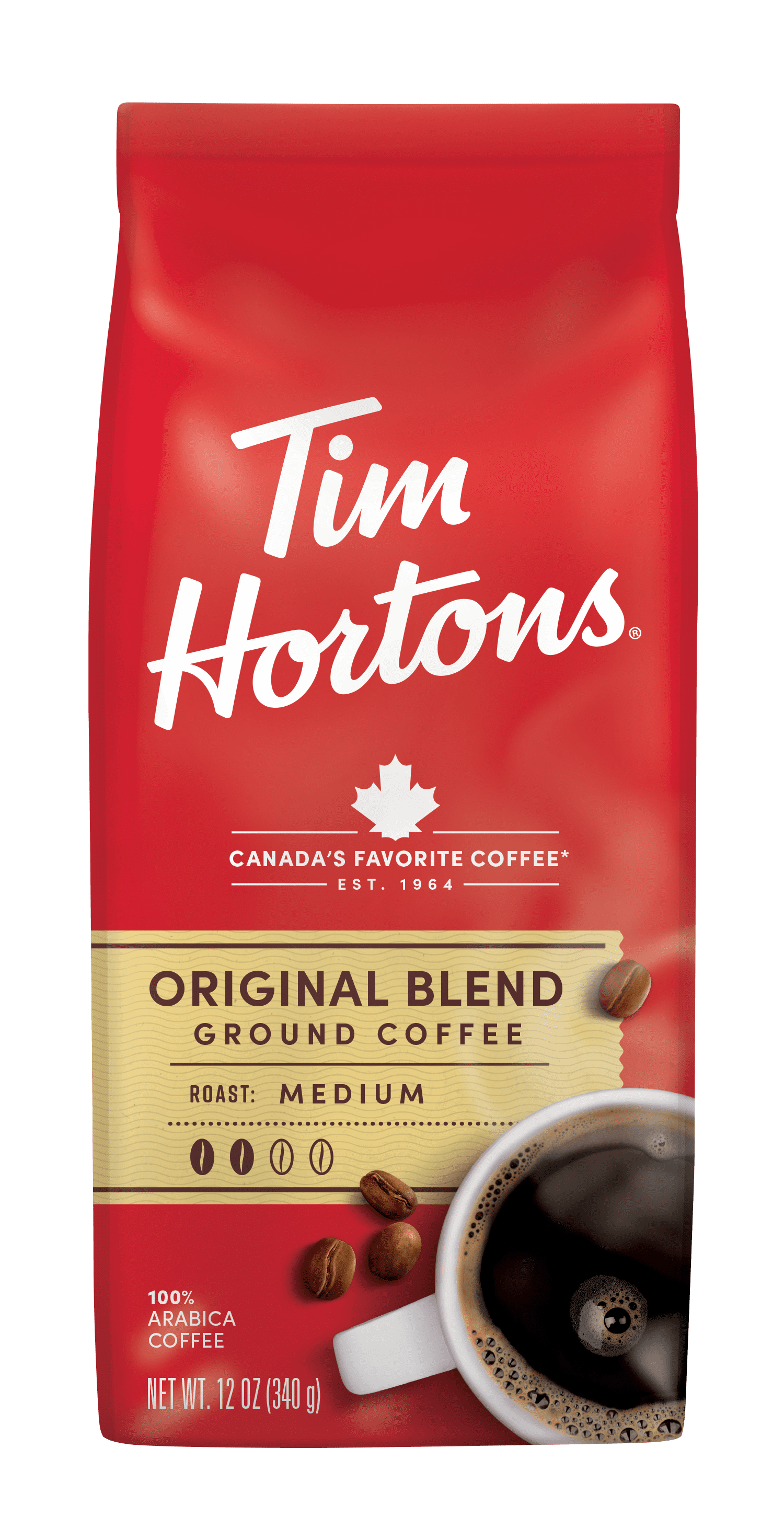 Tim Hortons Dark Roast Ground Coffee bag with 100% Arabica beans, 12 oz size, featuring the Tim Hortons logo and packaging details.