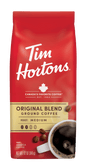 Tim Hortons Dark Roast Ground Coffee bag with 100% Arabica beans, 12 oz size, featuring the Tim Hortons logo and packaging details.