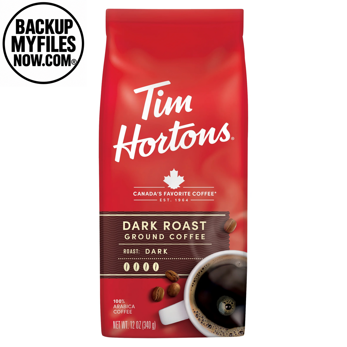 Tim Hortons Dark Roast Ground Coffee in 12 oz bag, made from 100% Arabica beans, with a dark roasted coffee appearance.