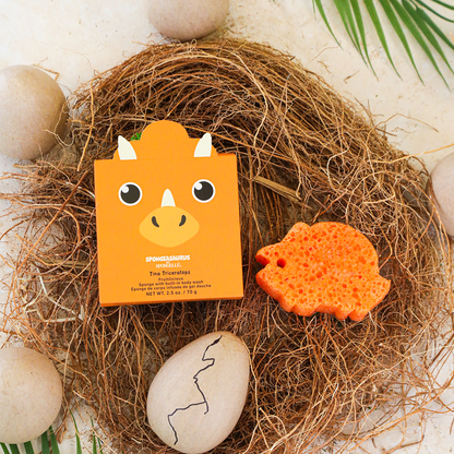 Tina Triceratops Spongeasaurus dinosaur-shaped body wash infused buffer by Spongellé, featuring a colorful Triceratops design.