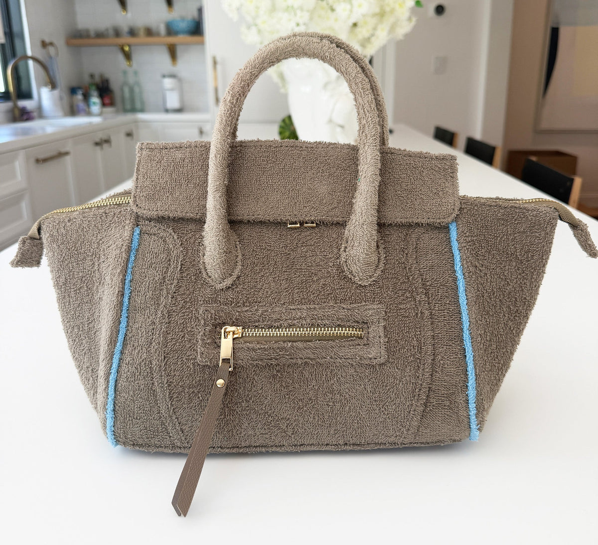 BEACH HAUS Cabana Tote Mini in Tobacco color, woven straw tote bag with leather handles and compact design.