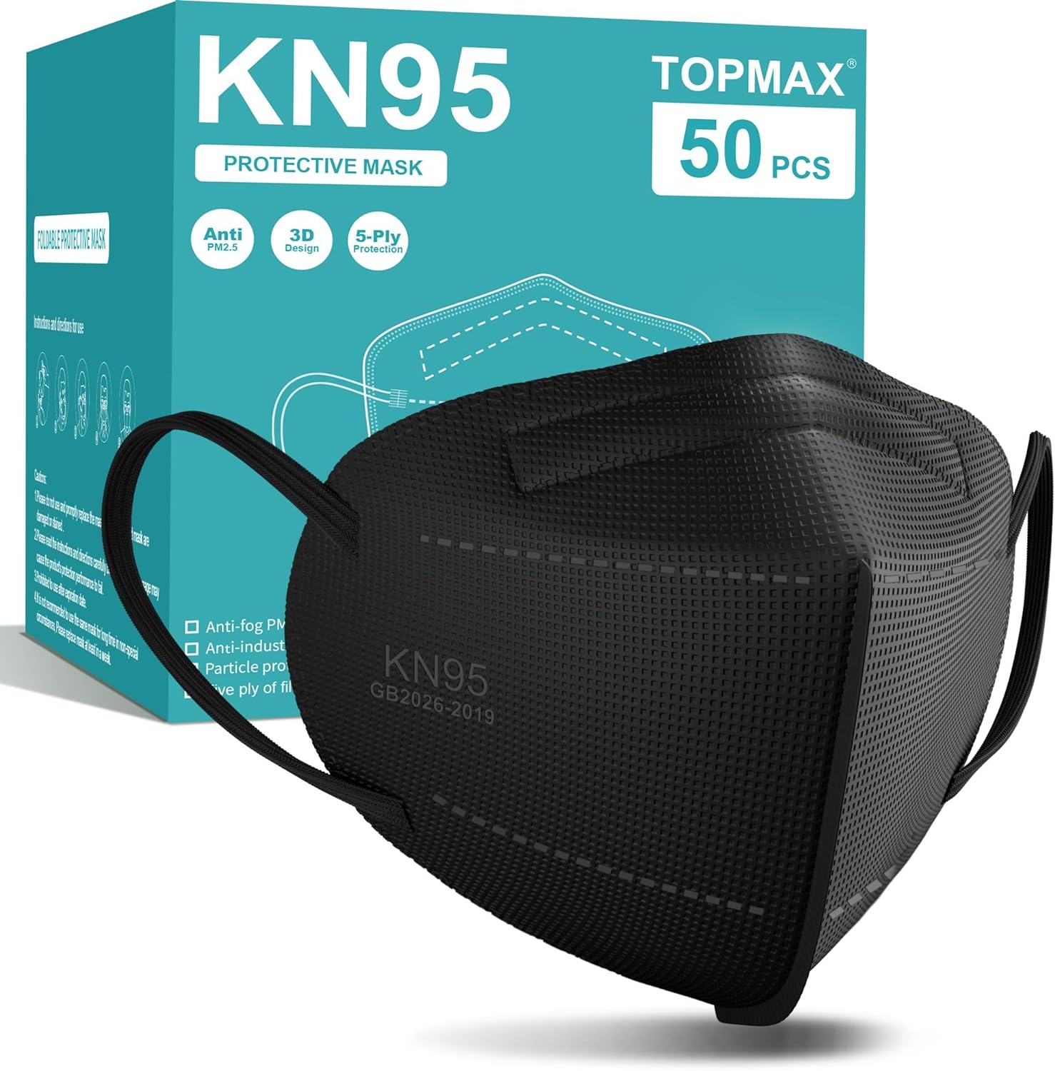 TOPMAX KN95 Face Masks 50 Pack 5 - Ply Breathable Filter Efficiency≥95% Protective Cup Dust Disposable Masks Against PM2.5 Black - BACKUPMYFILESNOW