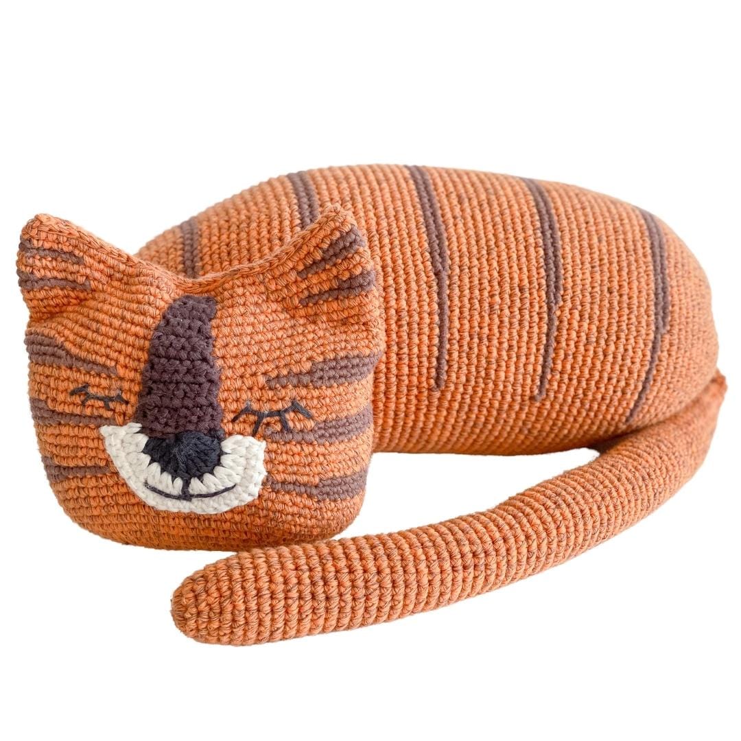 Handmade organic cotton stuffed tiger toy named Torey by Bebemoss, featuring soft orange fur and black stripes.