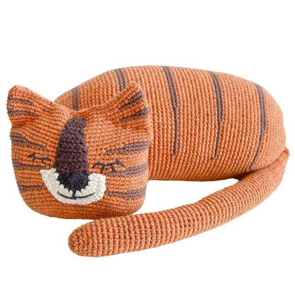 Handmade organic cotton stuffed tiger toy named Torey by Bebemoss, featuring soft orange fur and black stripes.