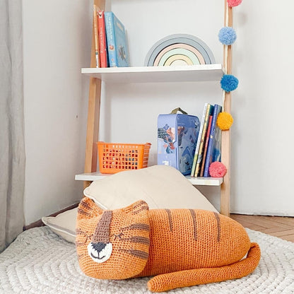 Handmade stuffed tiger toy named Torey by Bebemoss, made from organic cotton, featuring orange and white fur and embroidered details.
