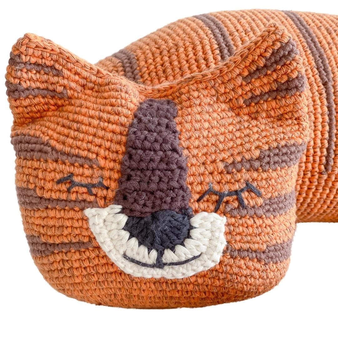 Handmade Torey the Tiger stuffed animal made from organic cotton by Bebemoss, featuring orange fur and black stripes.