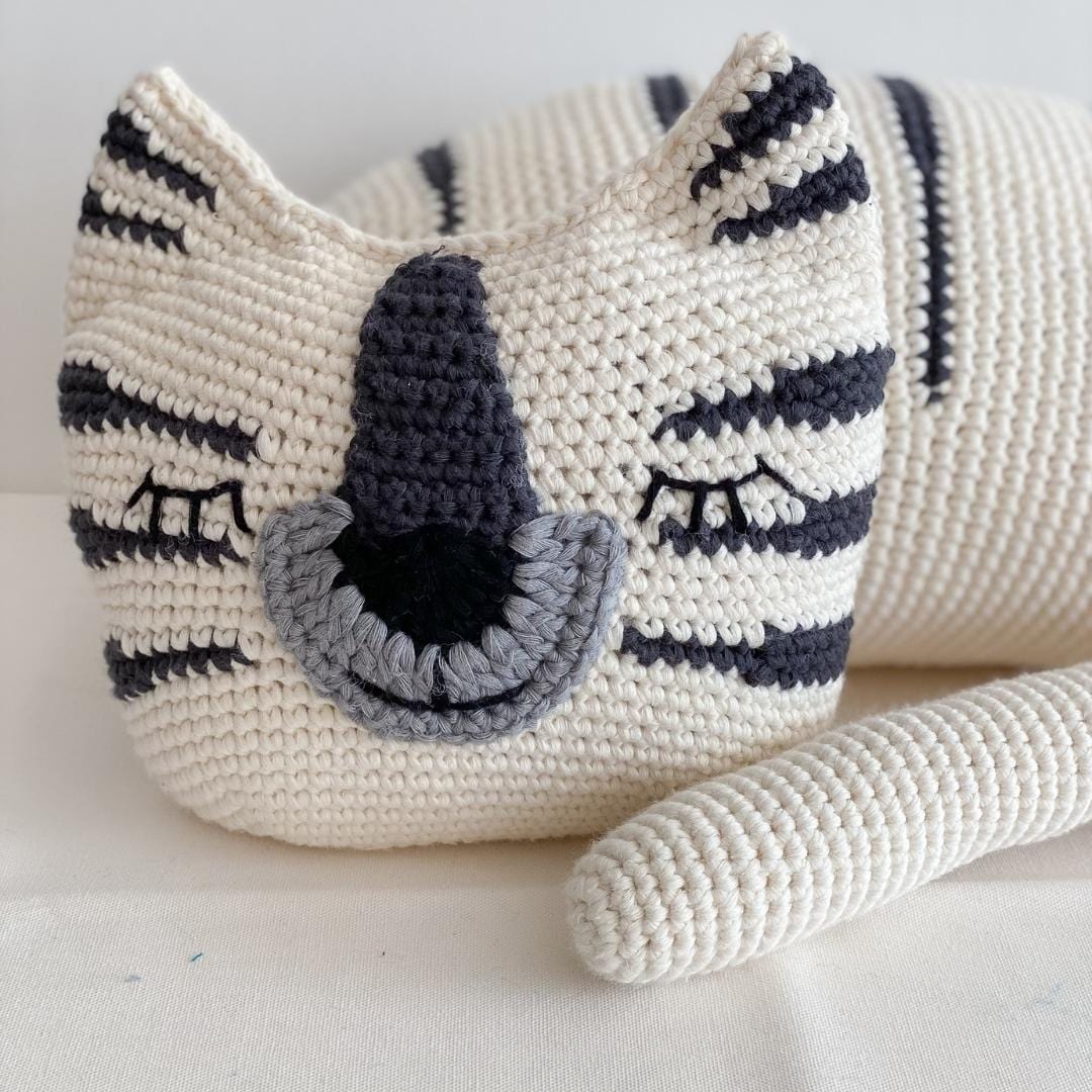 White Torey the Tiger stuffed animal by Bebemoss, handmade organic cotton plush toy with detailed features and soft texture.