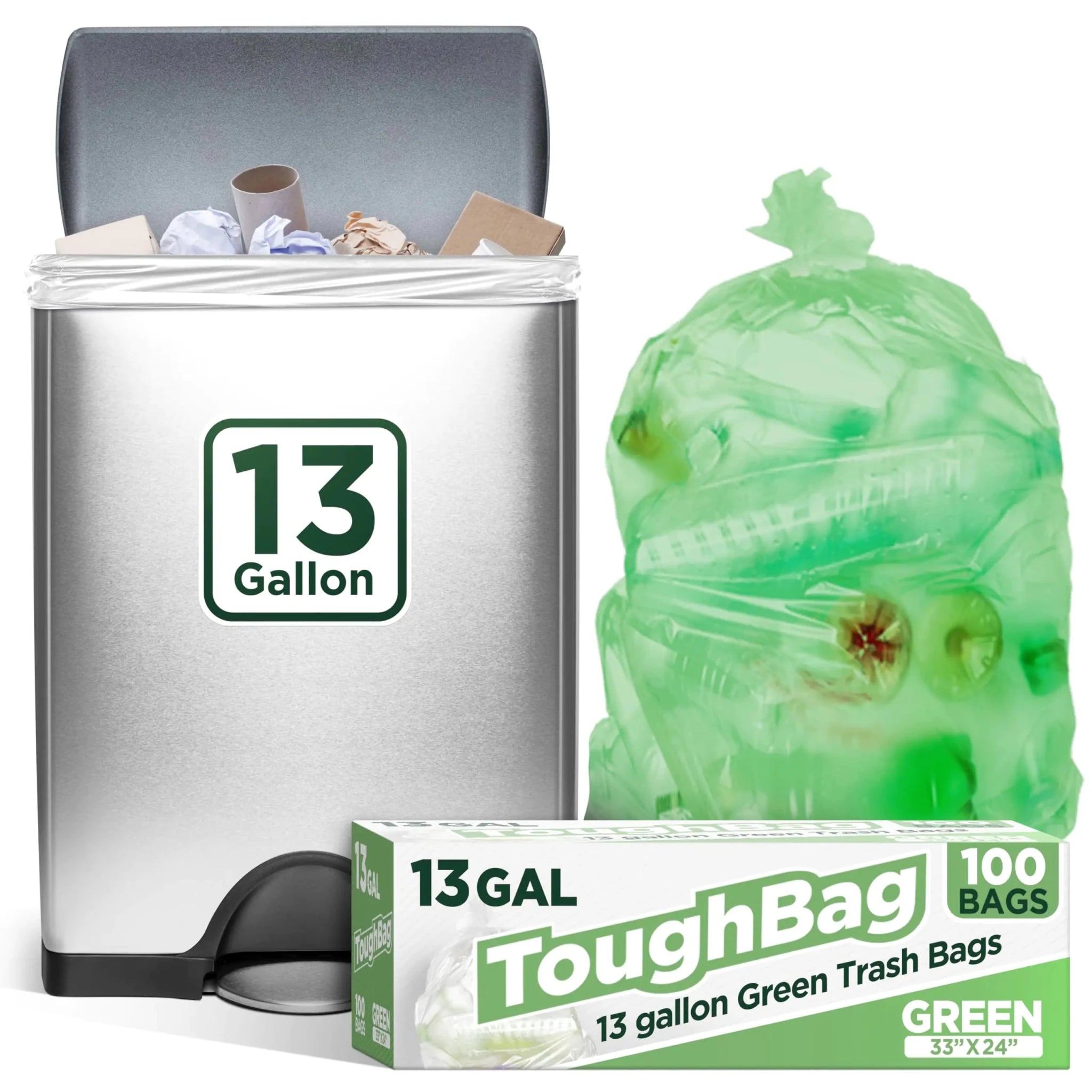 ToughBag 13 Gallon Trash Bags (100 Count) - Kitchen Trash Bags Green Recycle Can Liners - BACKUPMYFILESNOW