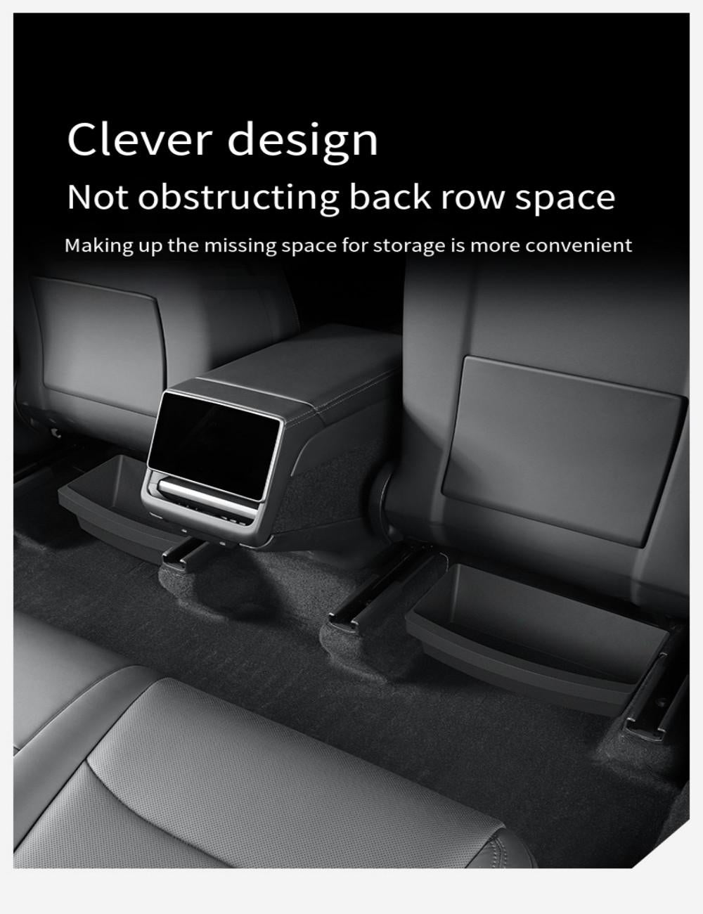 TPE under seat storage box for Tesla Model Y Juniper by TESERY, organized interior storage solution, close-up view.