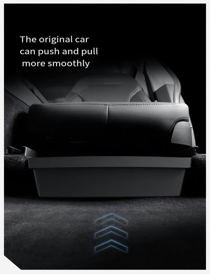 TPE Under Seat Storage Box for Tesla Model Y Juniper, black plastic organizer for vehicle interior storage.