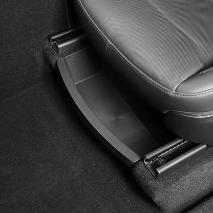 TPE Under Seat Storage Box for Tesla Model Y Juniper by Tesery, fits under seat for organized storage, black plastic design