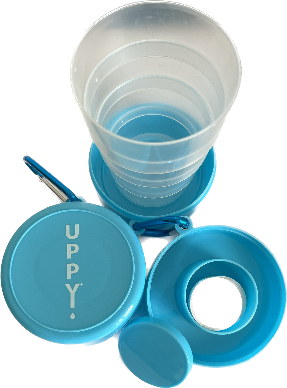 Uppy! On-the-go hydration cup with electrolyte tablets holder, transparent plastic bottle with tablets inside.