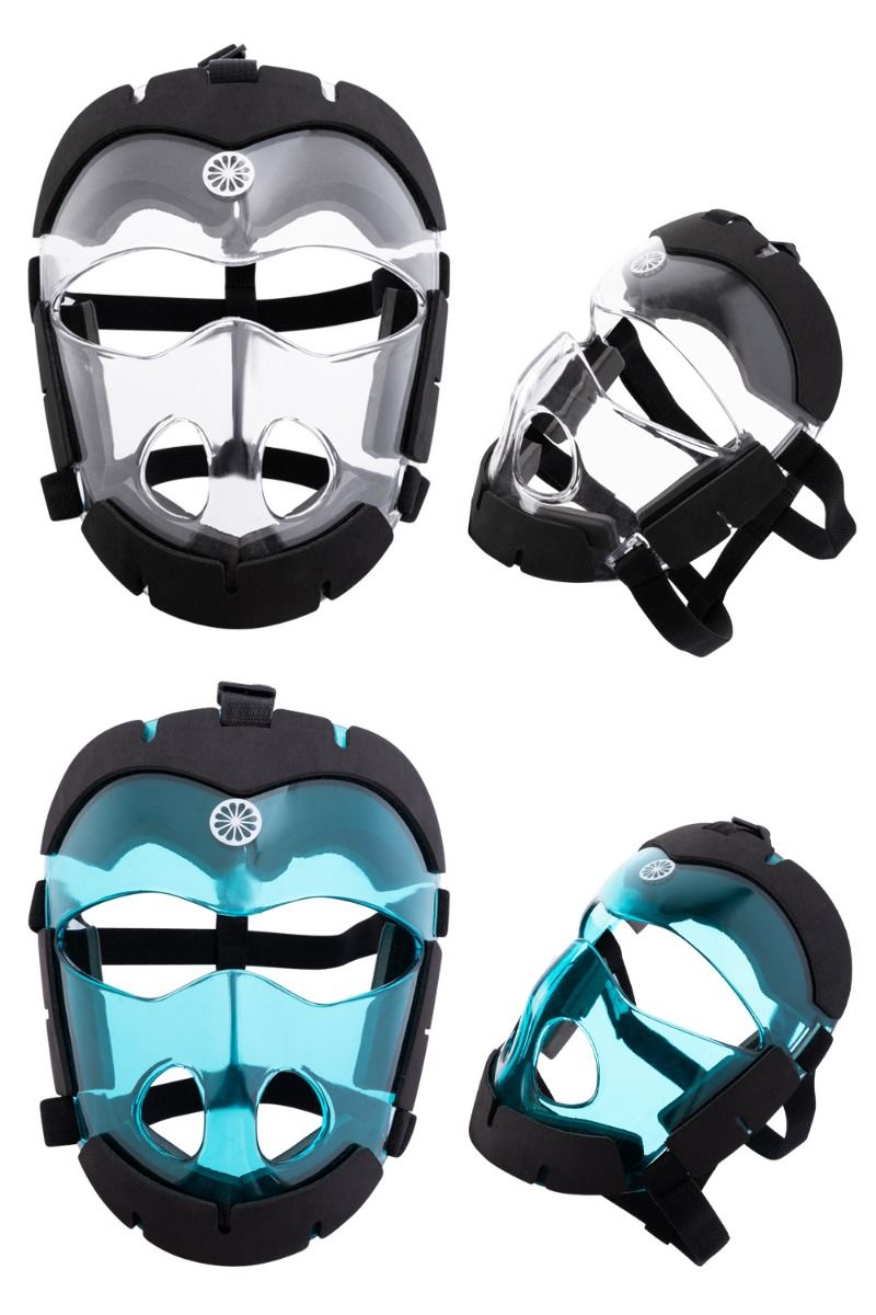 Aqua Indian Maharadja field hockey player wearing TREND Field Hockey corner face mask for protection during play.