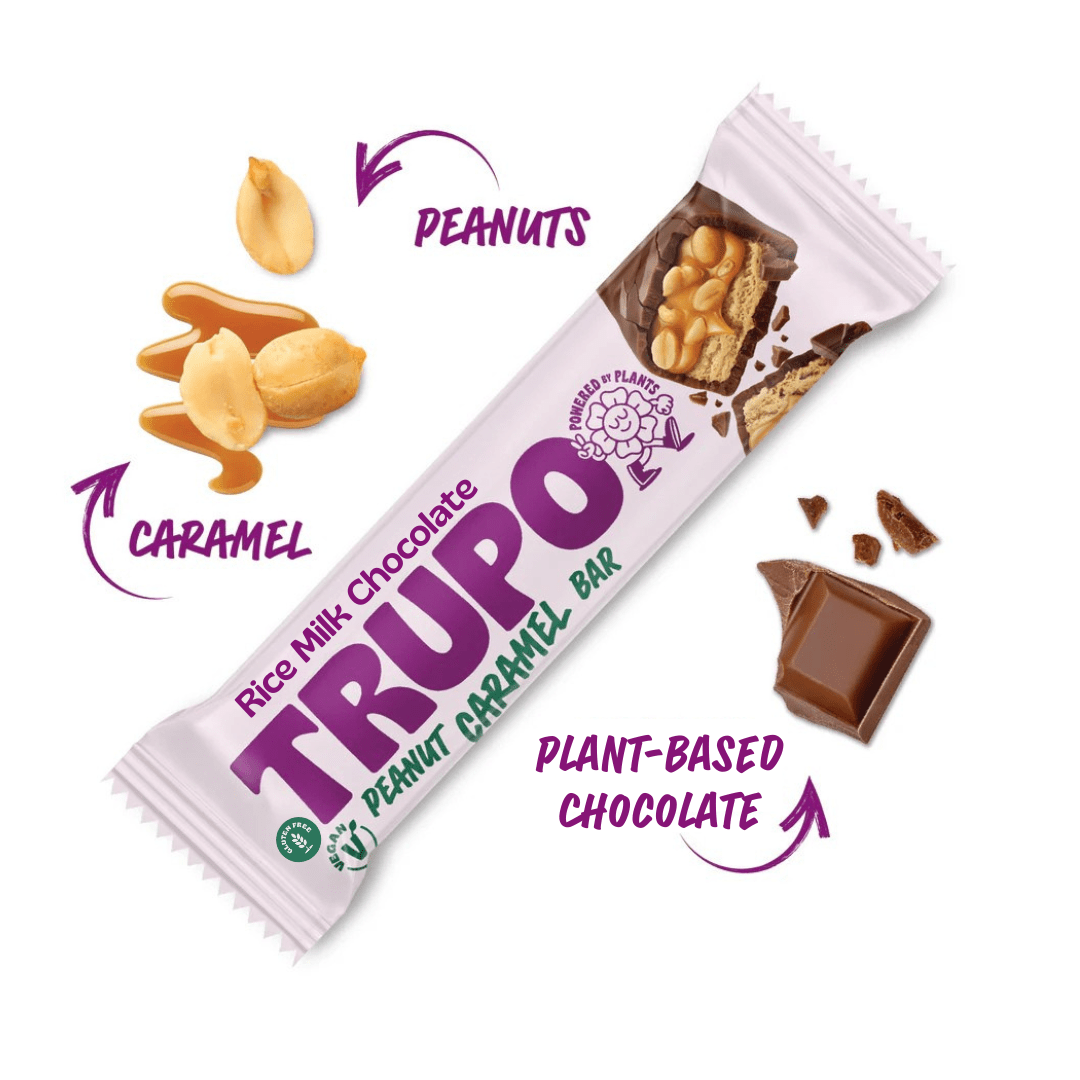 12-pack of Trupo Treats Peanut Caramel Bars featuring rich caramel and peanut filling in chocolate-coated bars.