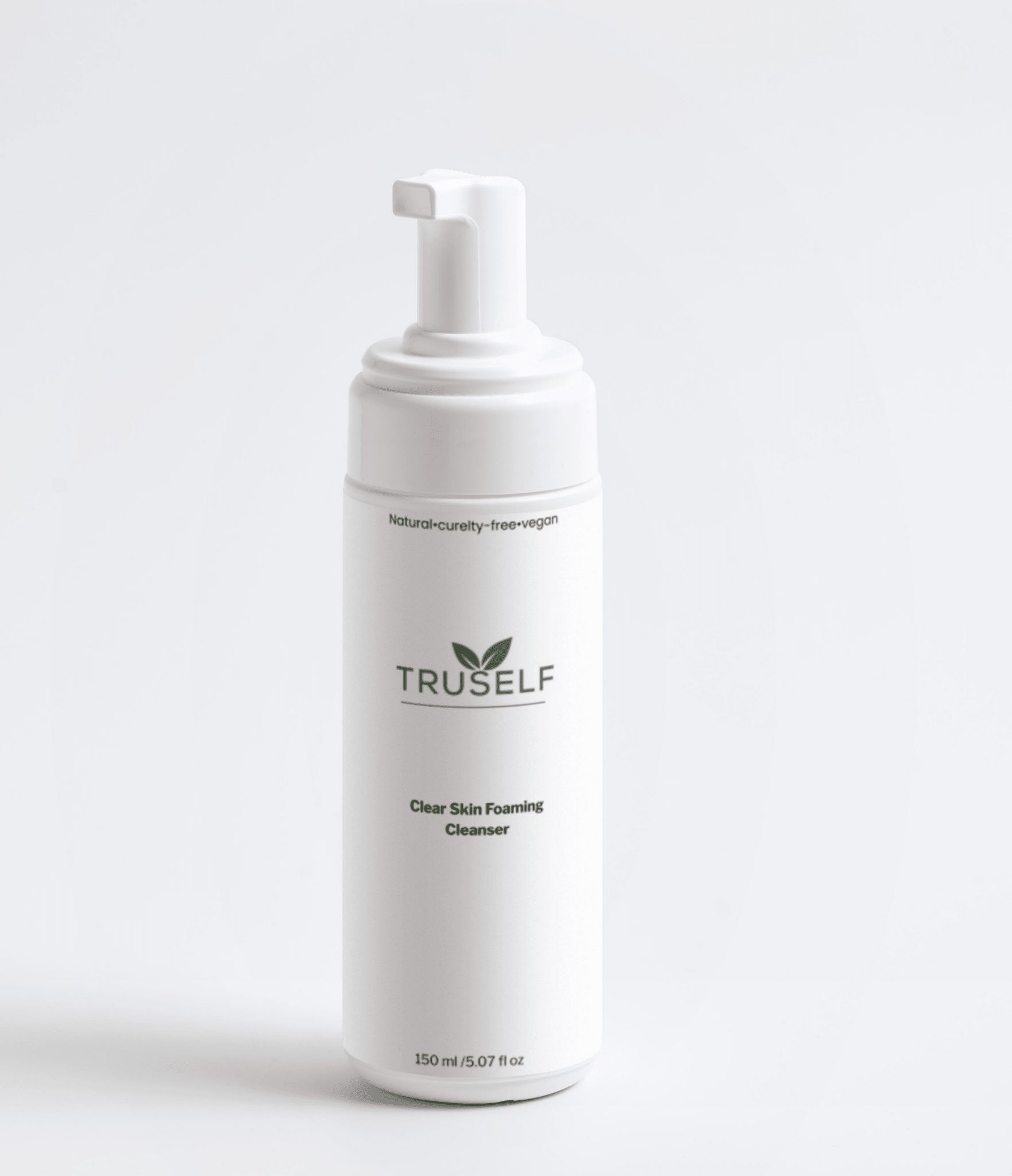 TruSelf Organics Clear Skin Foaming Cleanser in a pump bottle, gentle skincare product for a fresh, clean complexion.