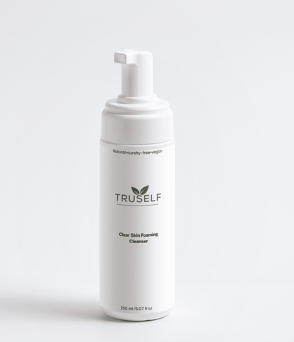 TruSelf Organics Clear Skin Foaming Cleanser in a pump bottle, gentle skincare product for a fresh, clean complexion.