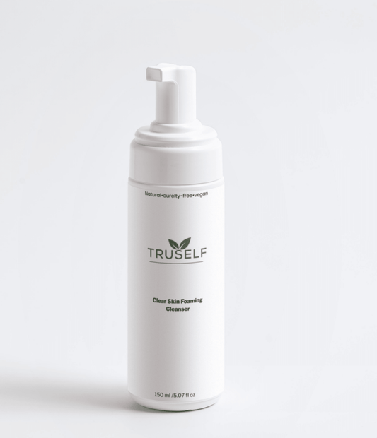 TruSelf Organics Clear Skin Foaming Cleanser in a pump bottle, gentle skincare product for a fresh, clean complexion.