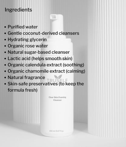 TruSelf Organics Clear Skin Foaming Cleanser for skin care, shows the gentle foaming cleanser in a pump bottle.