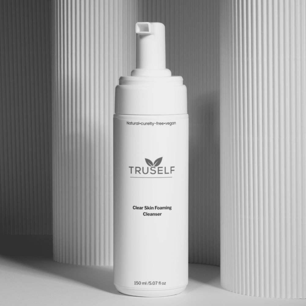 TruSelf Organics Clear Skin Foaming Cleanser for skin care, showing the pump dispenser and clean container.