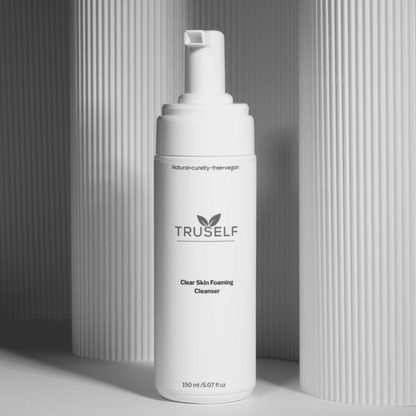 TruSelf Organics Clear Skin Foaming Cleanser for skin care, showing the pump dispenser and clean container.