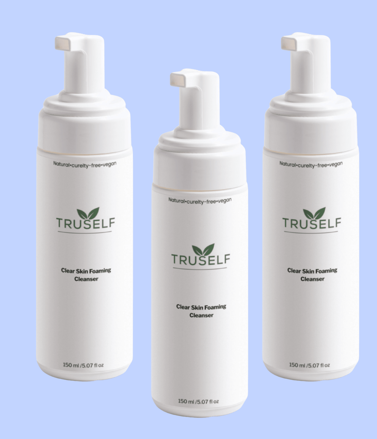 TruSelf Organics Clear Skin Foaming Cleanser in a pump bottle, gentle skin care product for clean, refreshed skin.