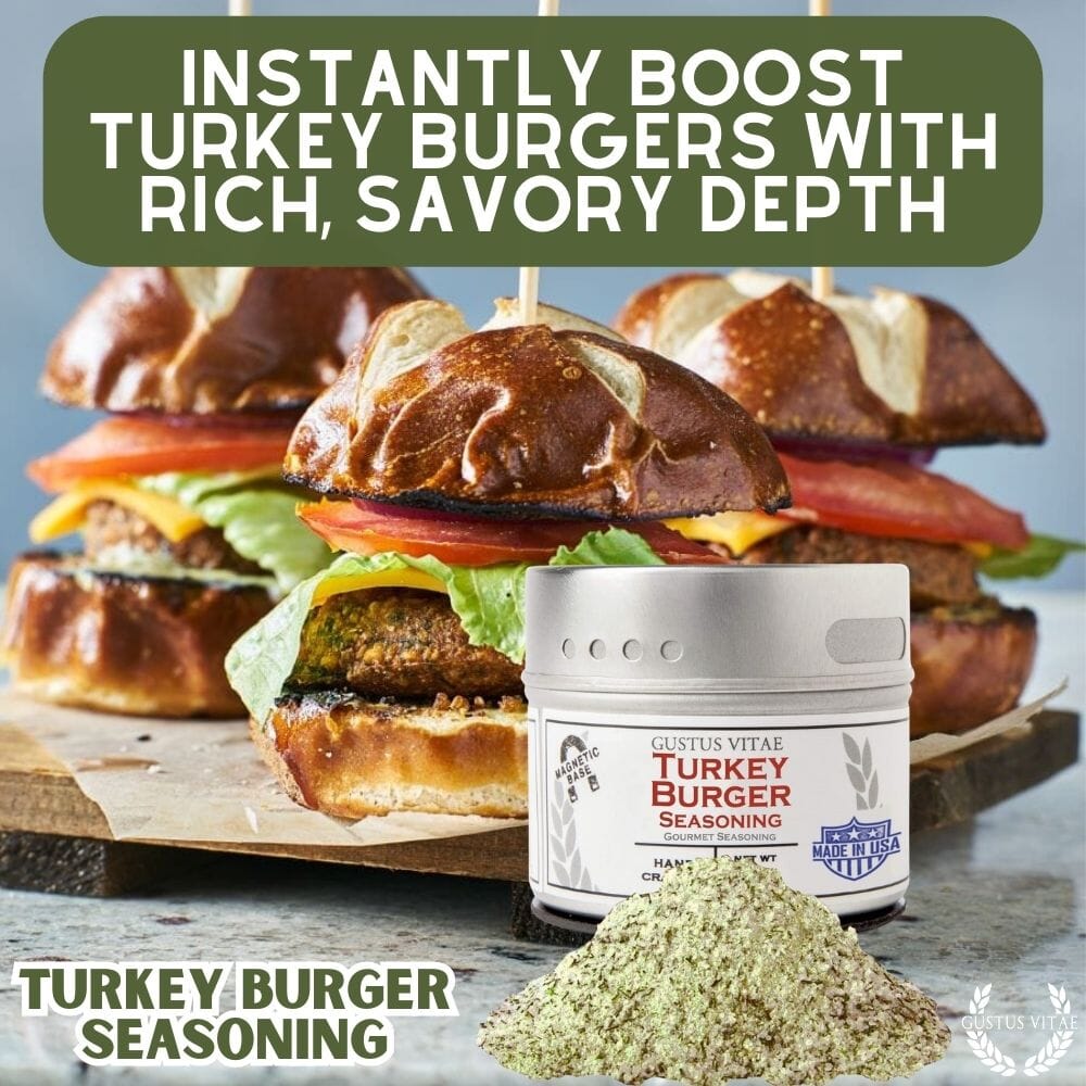 Gustus Vitae turkey burger seasoning in a jar, gourmet seasoning blend for flavorful turkey burgers, close-up shot.