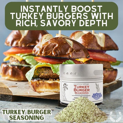Gustus Vitae turkey burger seasoning in a jar, gourmet seasoning blend for flavorful turkey burgers, close-up shot.