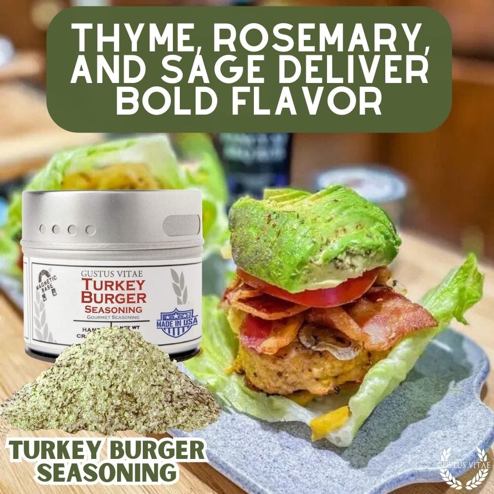 Gustus Vitae Turkey Burger Seasoning in a jar, gourmet blend of herbs and spices for flavorful turkey burgers.