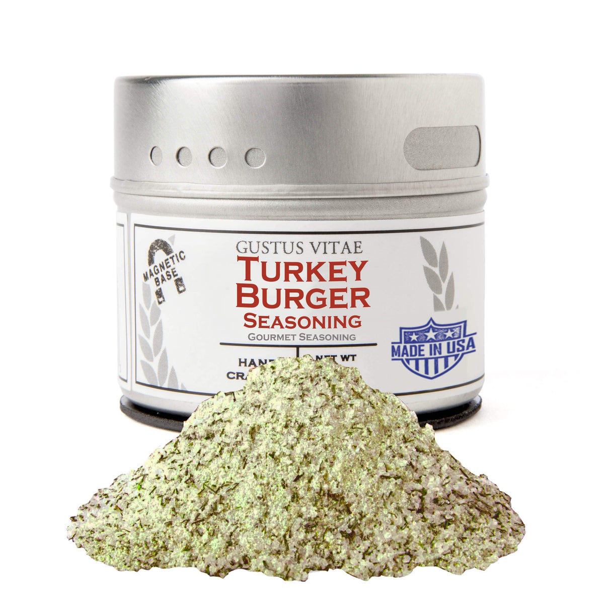 Gustus Vitae Turkey Burger Seasoning in a jar, gourmet seasoning blend for flavorful turkey burgers, close-up view.