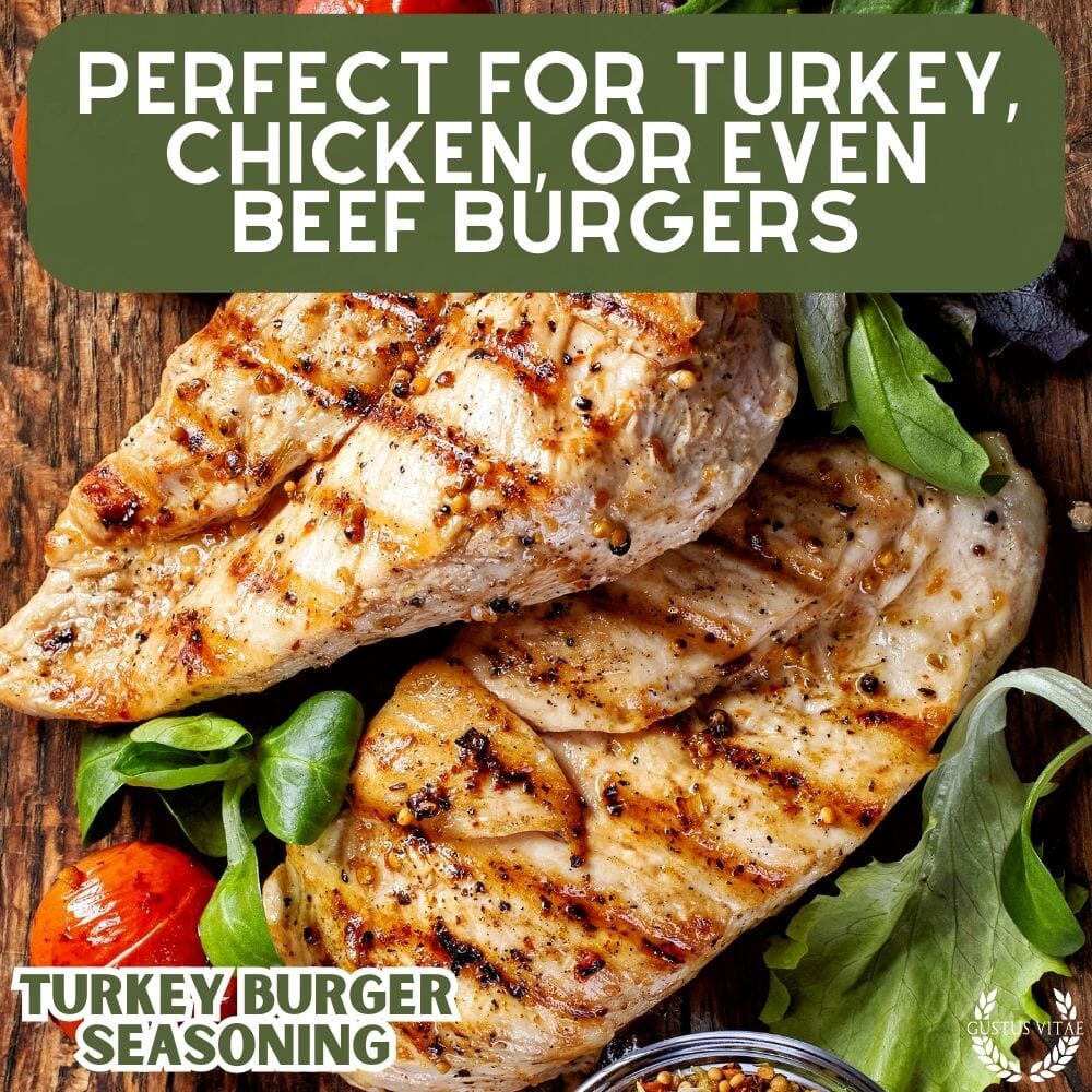 Gustus Vitae Turkey Burger Seasoning in a jar, gourmet blend of herbs and spices for flavorful turkey burgers.