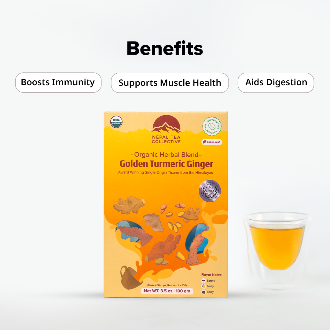 Organic Golden Turmeric Ginger blend from Nepal Tea, showing bright turmeric and ginger root ingredients in a natural setting.