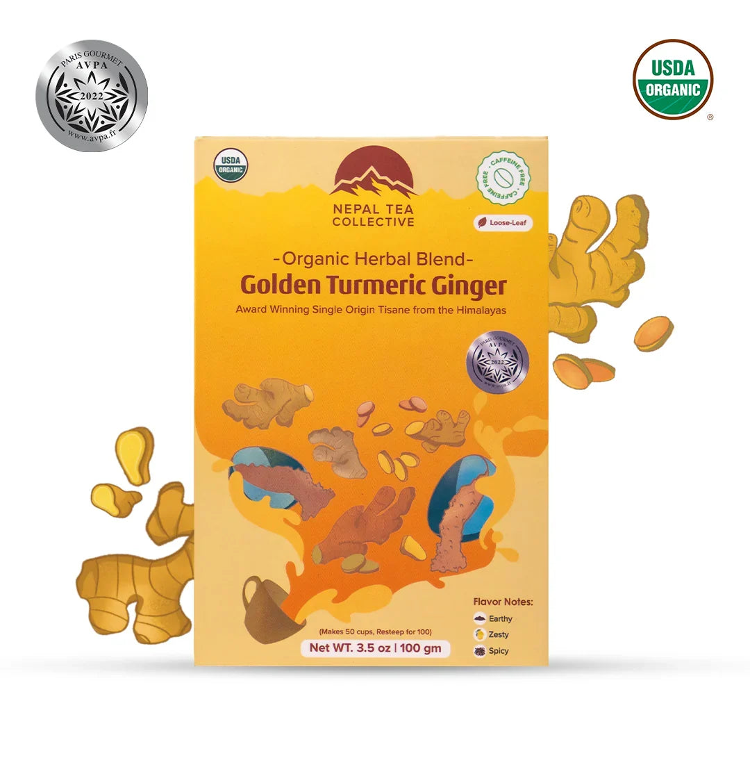 Organic Golden Turmeric and Ginger blend from Nepal Tea, showcasing fresh turmeric roots and ginger pieces in a natural setting.