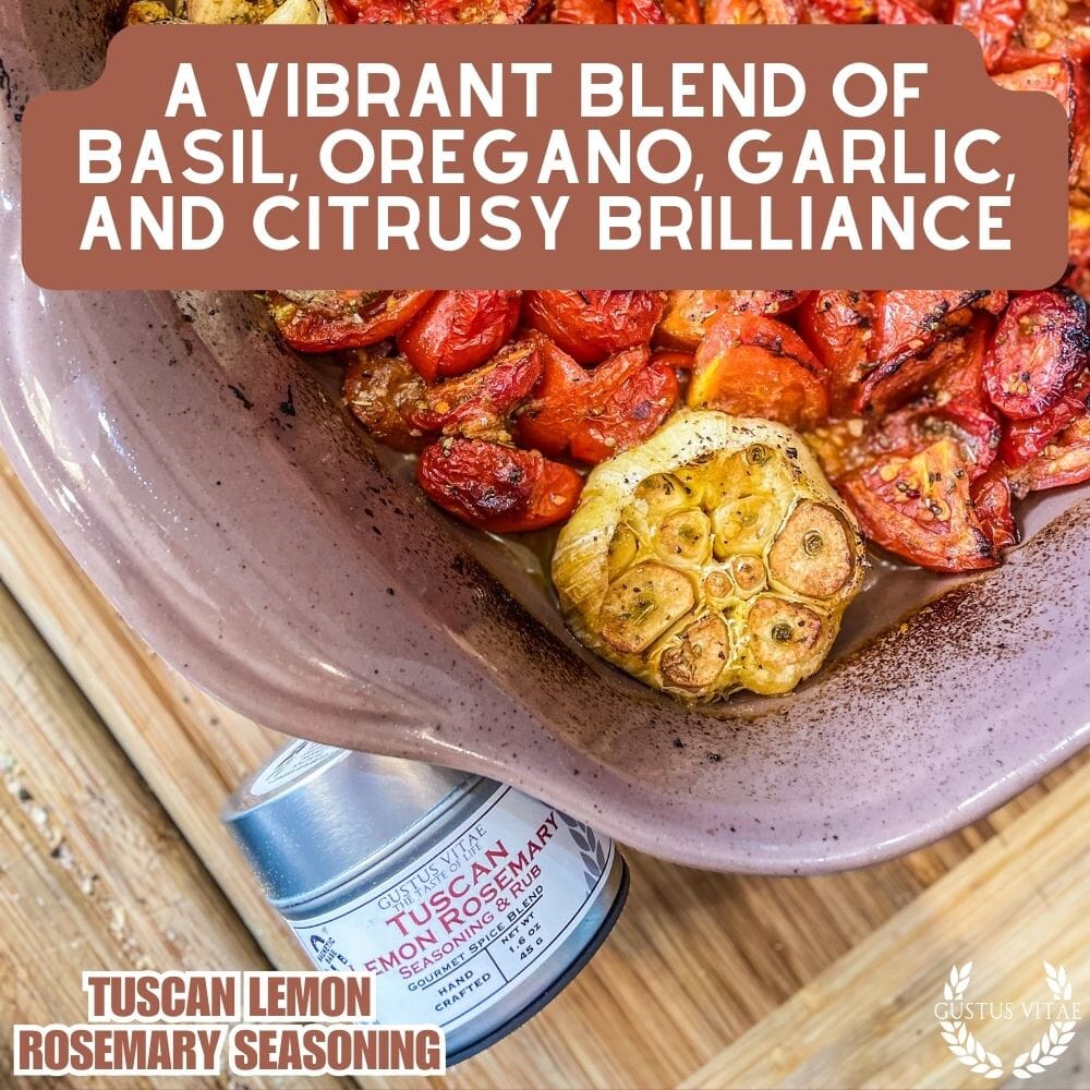 Gustus Vitae Tuscan Lemon Rosemary Seasoning jar, gourmet seasoning with fresh lemon and rosemary herbs for flavorful dishes.