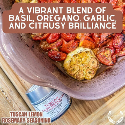 Gustus Vitae Tuscan Lemon Rosemary Seasoning jar, gourmet seasoning with fresh lemon and rosemary herbs for flavorful dishes.